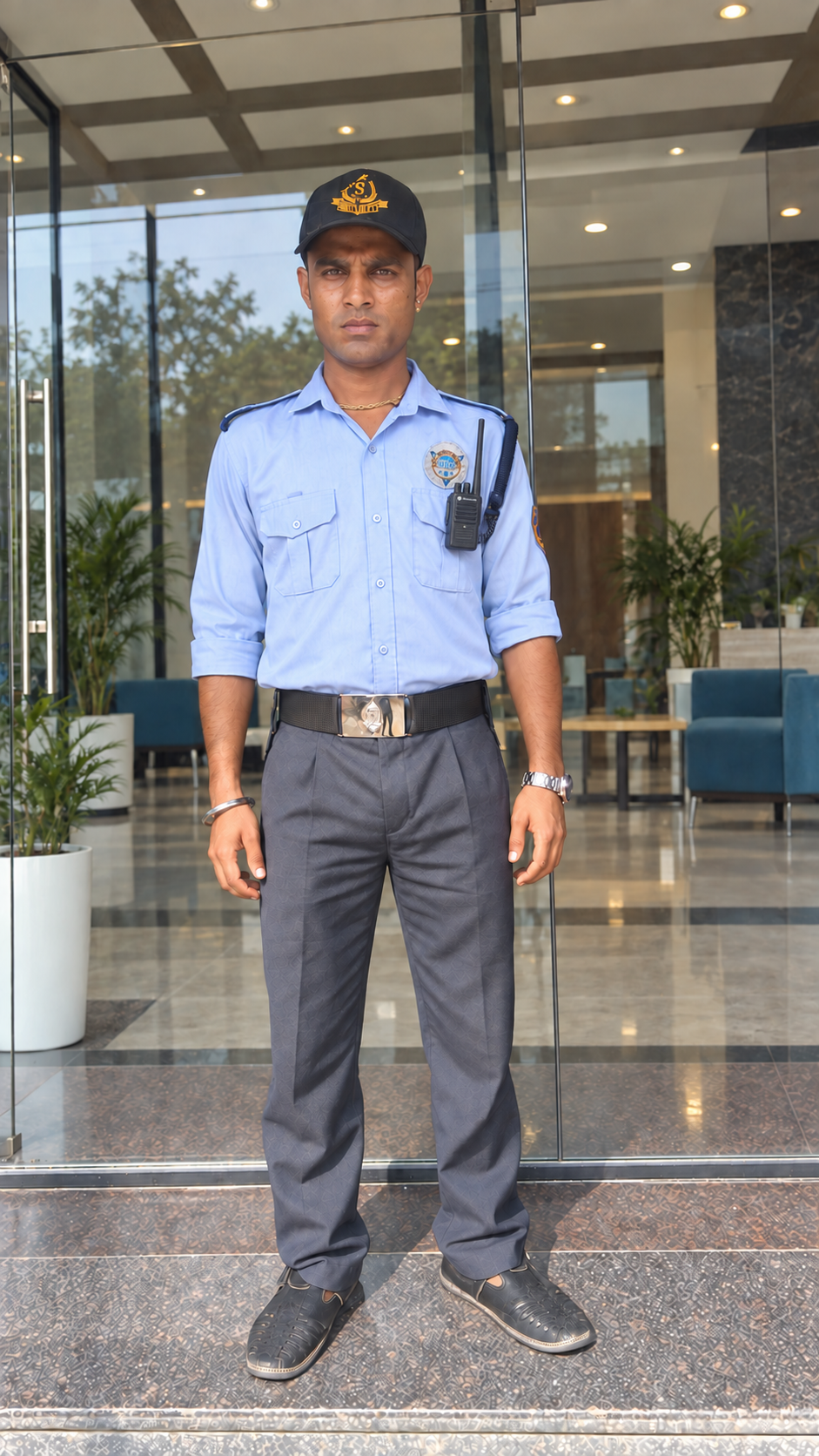 DBC security officer with a walkie-talkie at a commercial property